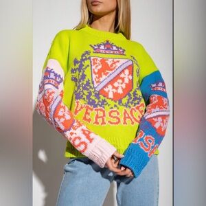 Versace “Royal Rebel” color block intarsia-knit cotton blend sweater size 36